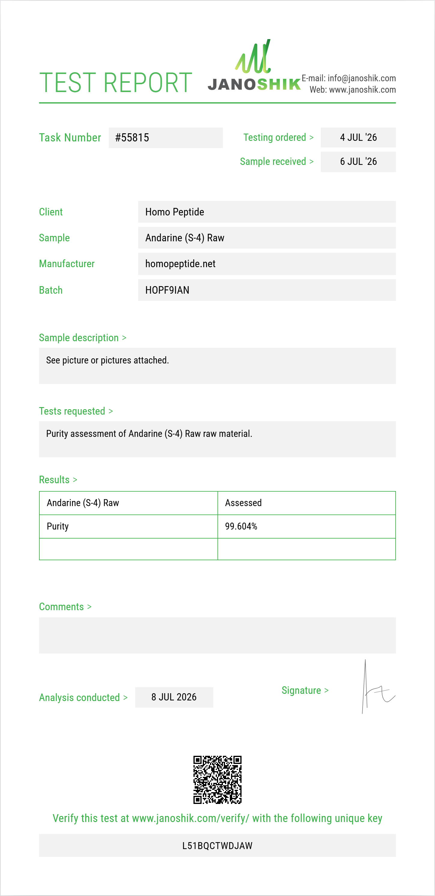 Andarine (S-4) Raw Purity (HPLC) report by Janoshik Analytical