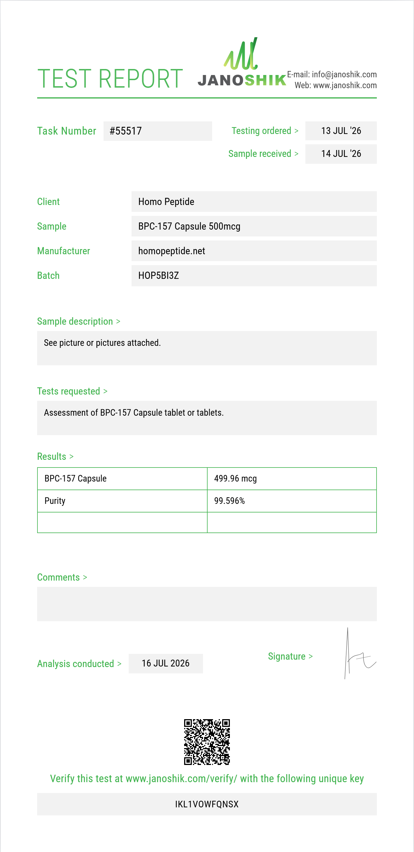 BPC-157 Capsule Purity (HPLC) report by Janoshik Analytical
