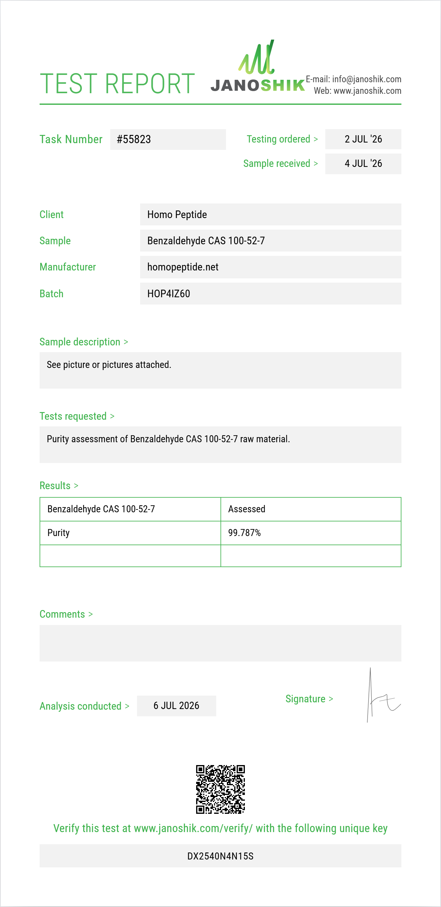 Benzaldehyde CAS 100-52-7 Purity (HPLC) report by Janoshik Analytical