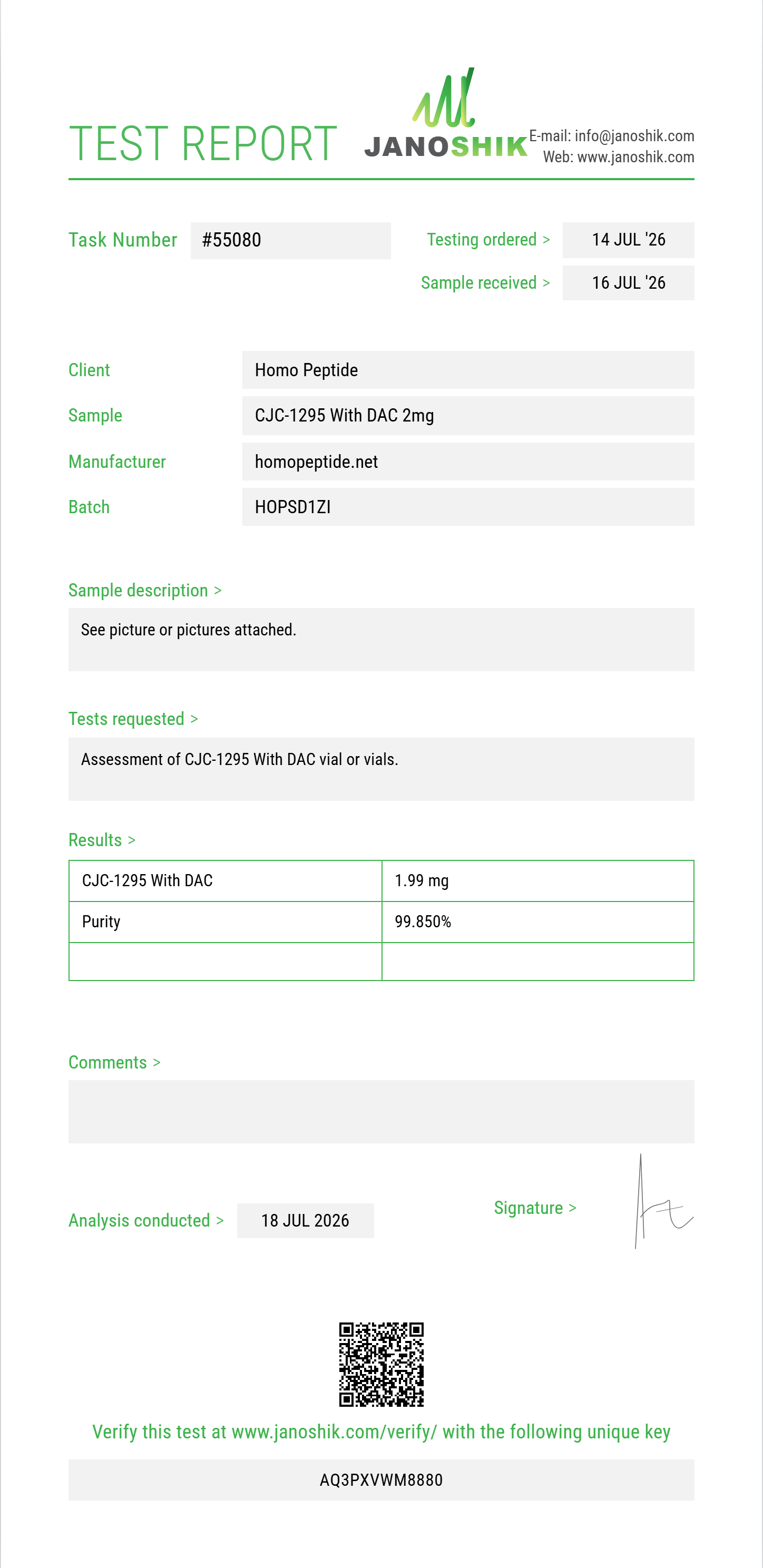 CJC-1295 With DAC Purity (HPLC) report by Janoshik Analytical