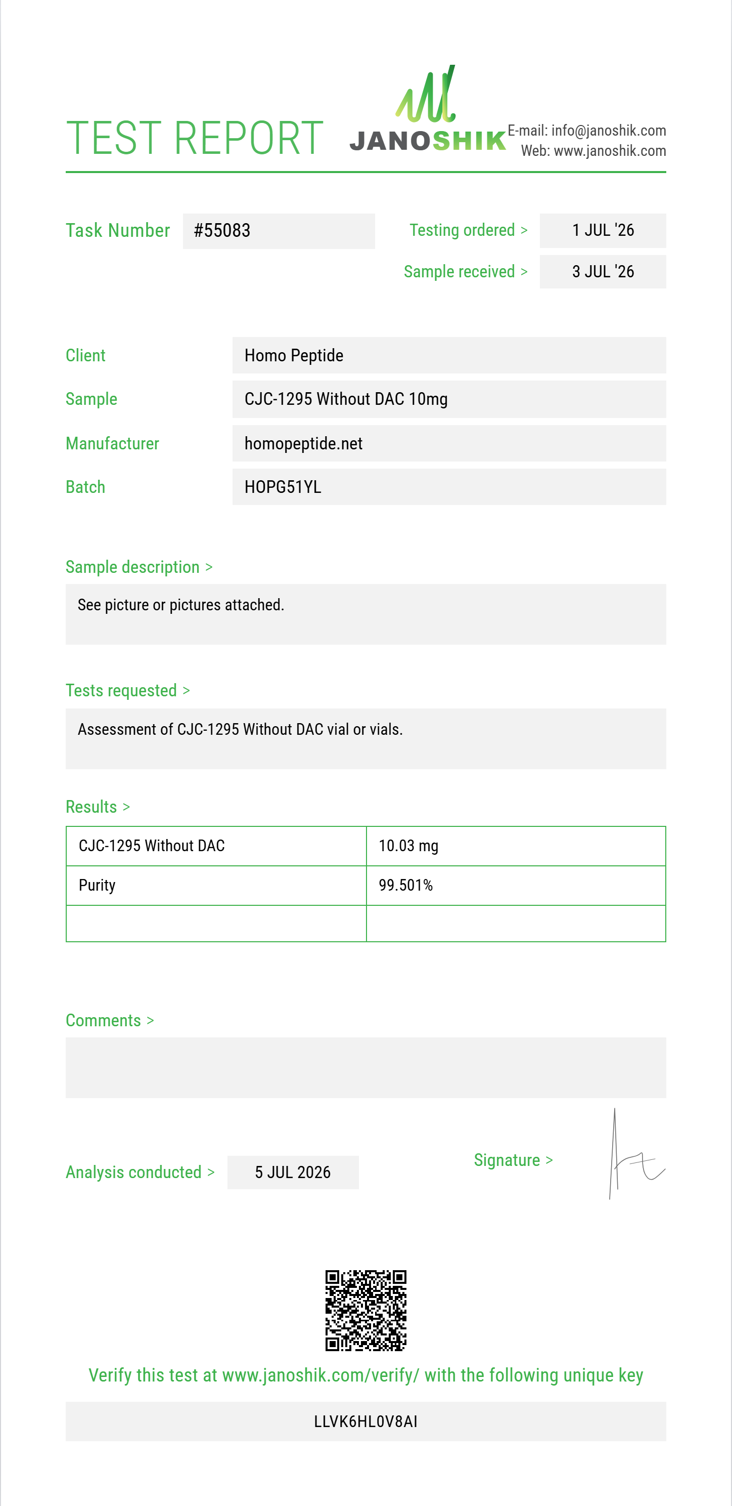 CJC-1295 Without DAC Purity (HPLC) report by Janoshik Analytical