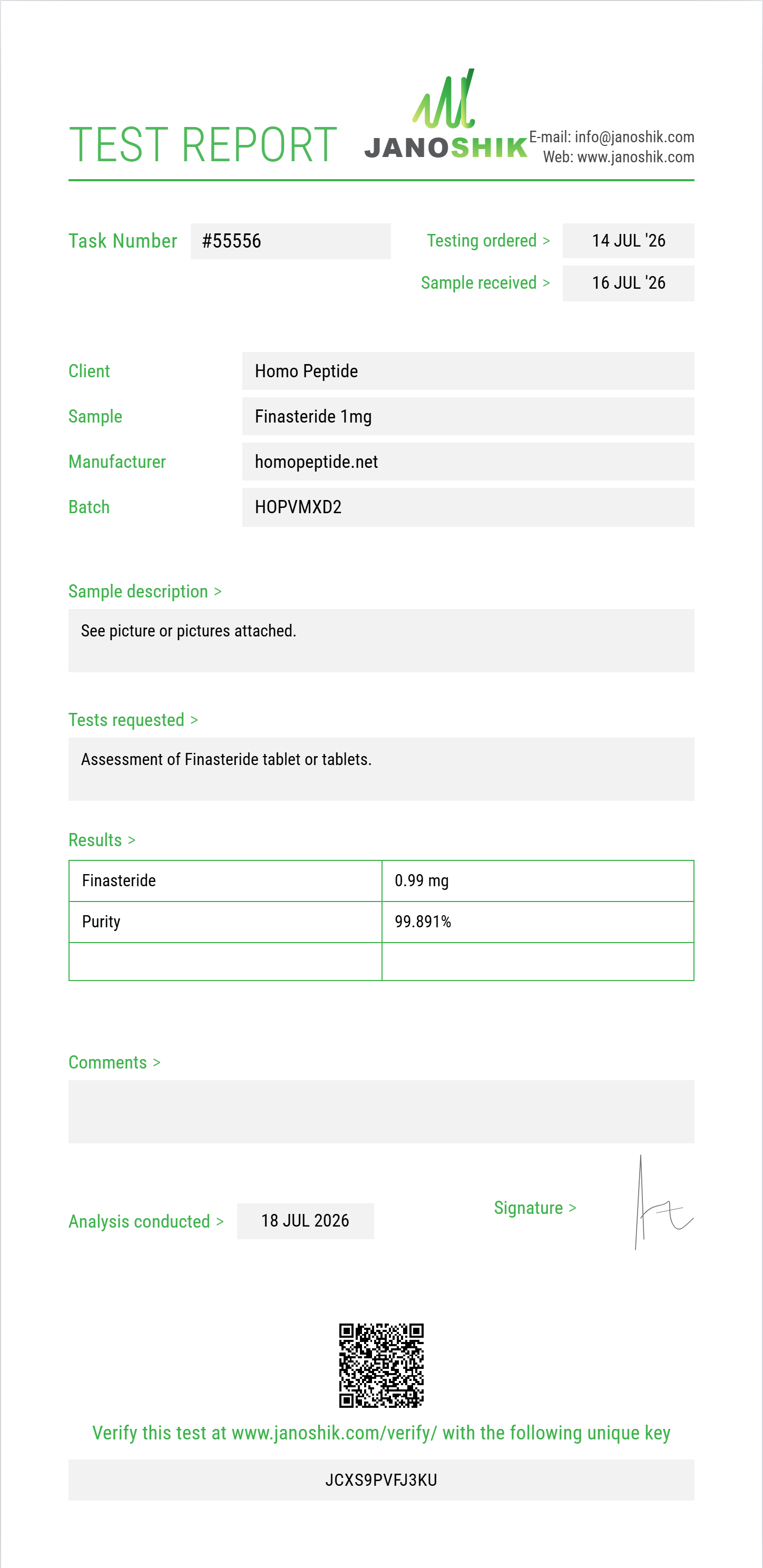 Finasteride Purity (HPLC) report by Janoshik Analytical