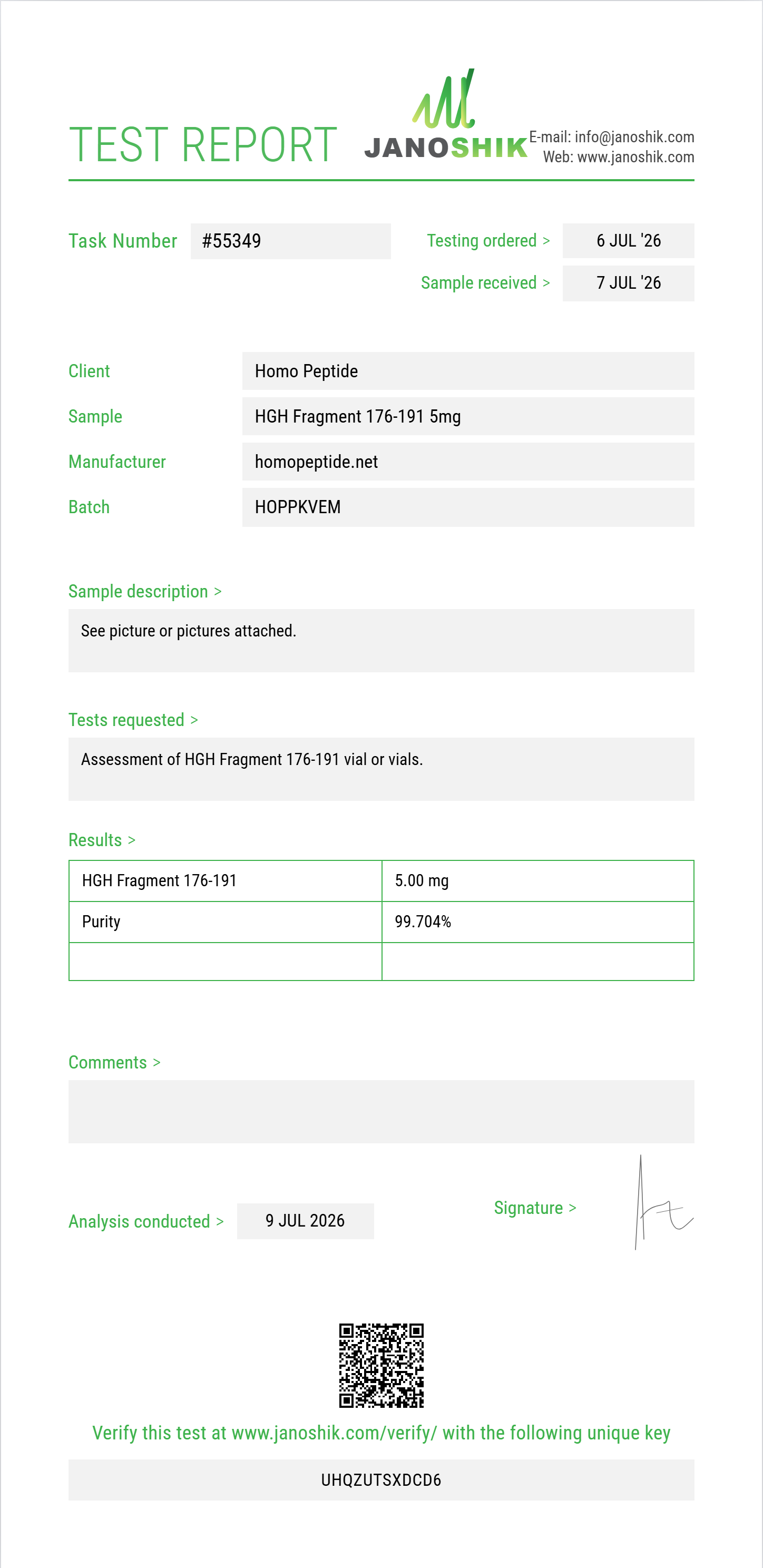HGH Fragment 176-191 Purity (HPLC) report by Janoshik Analytical