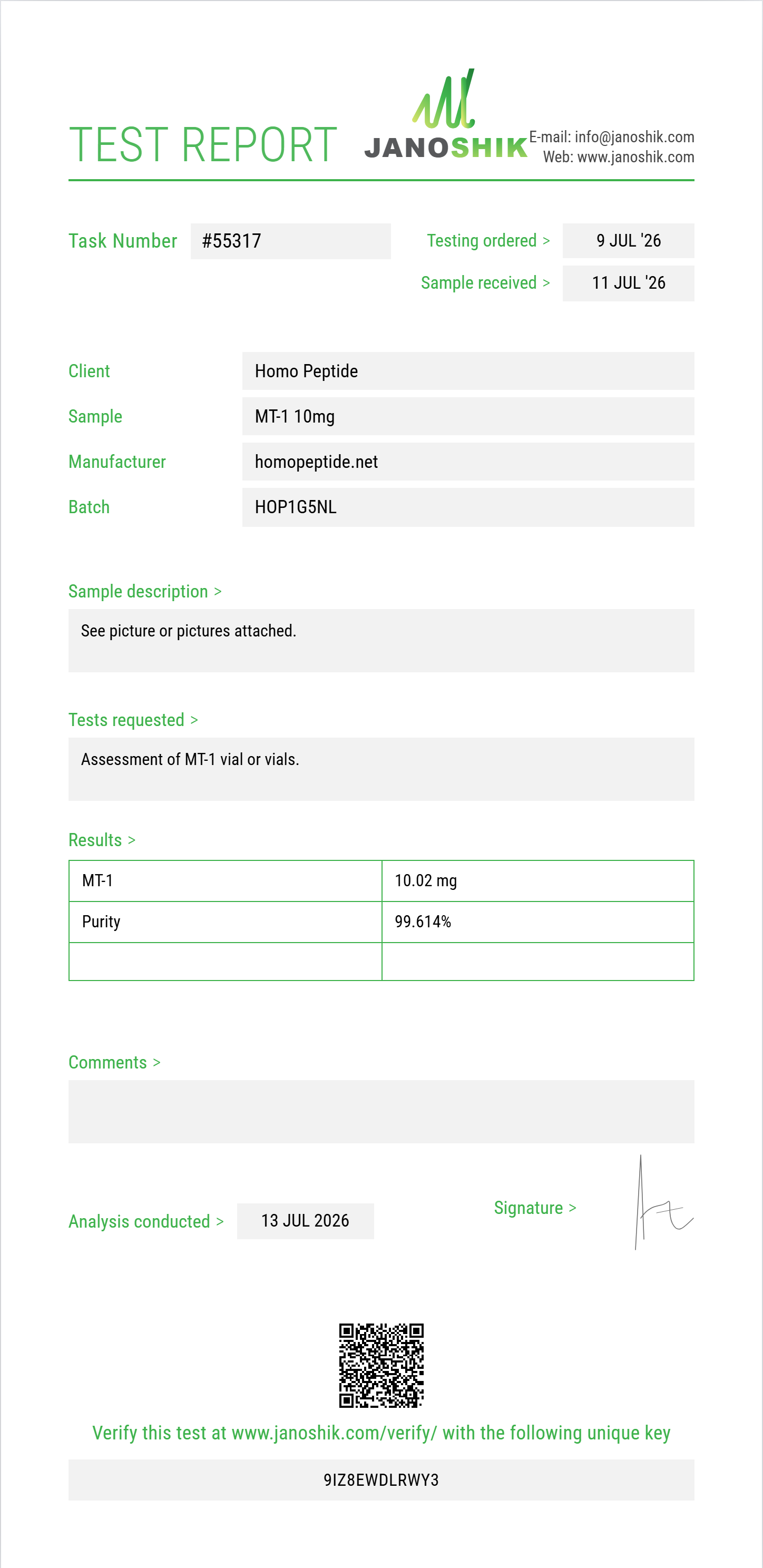 MT-1 Purity (HPLC) report by Janoshik Analytical