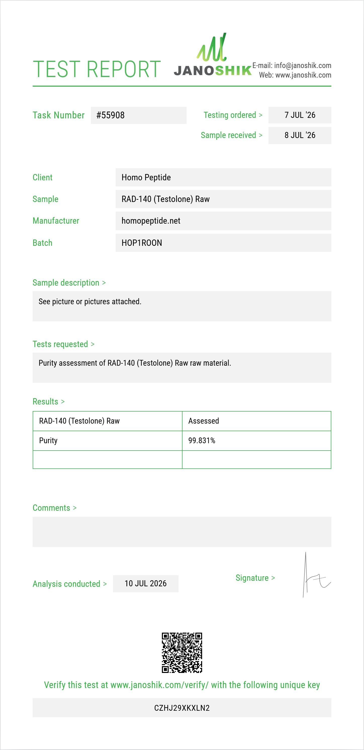 RAD-140 (Testolone) Raw Purity (HPLC) report by Janoshik Analytical