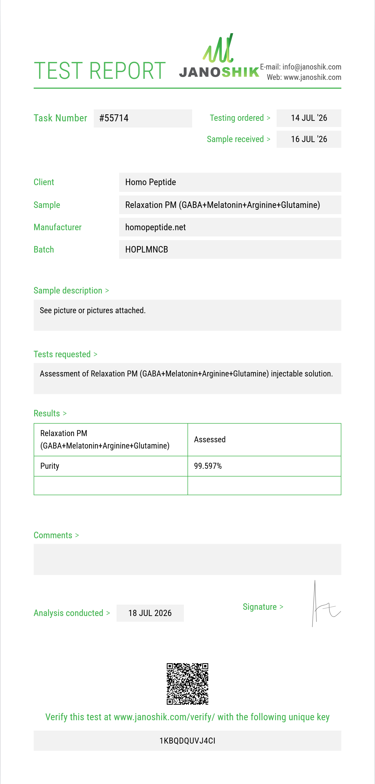Relaxation PM (GABA 100mg+Melatonin 1mg+Arginine 100mg+Glutamine 25mg) Purity (HPLC) report by Janoshik Analytical