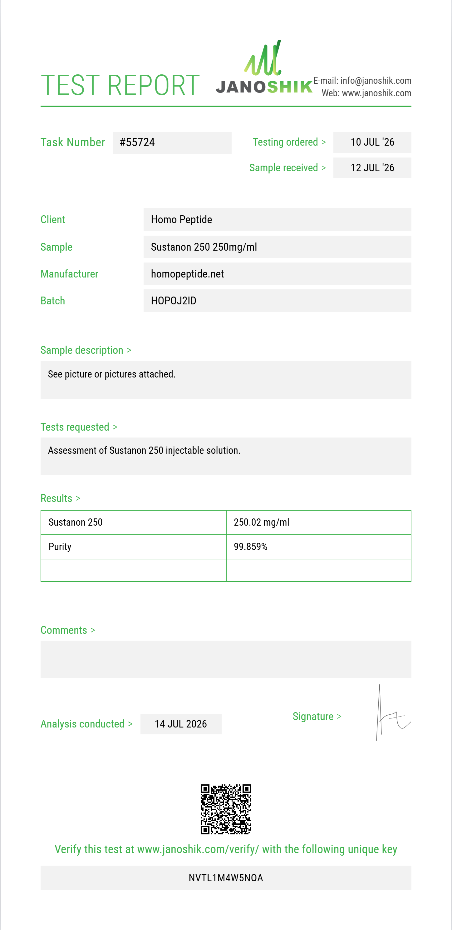 Sustanon 250 Purity (HPLC) report by Janoshik Analytical