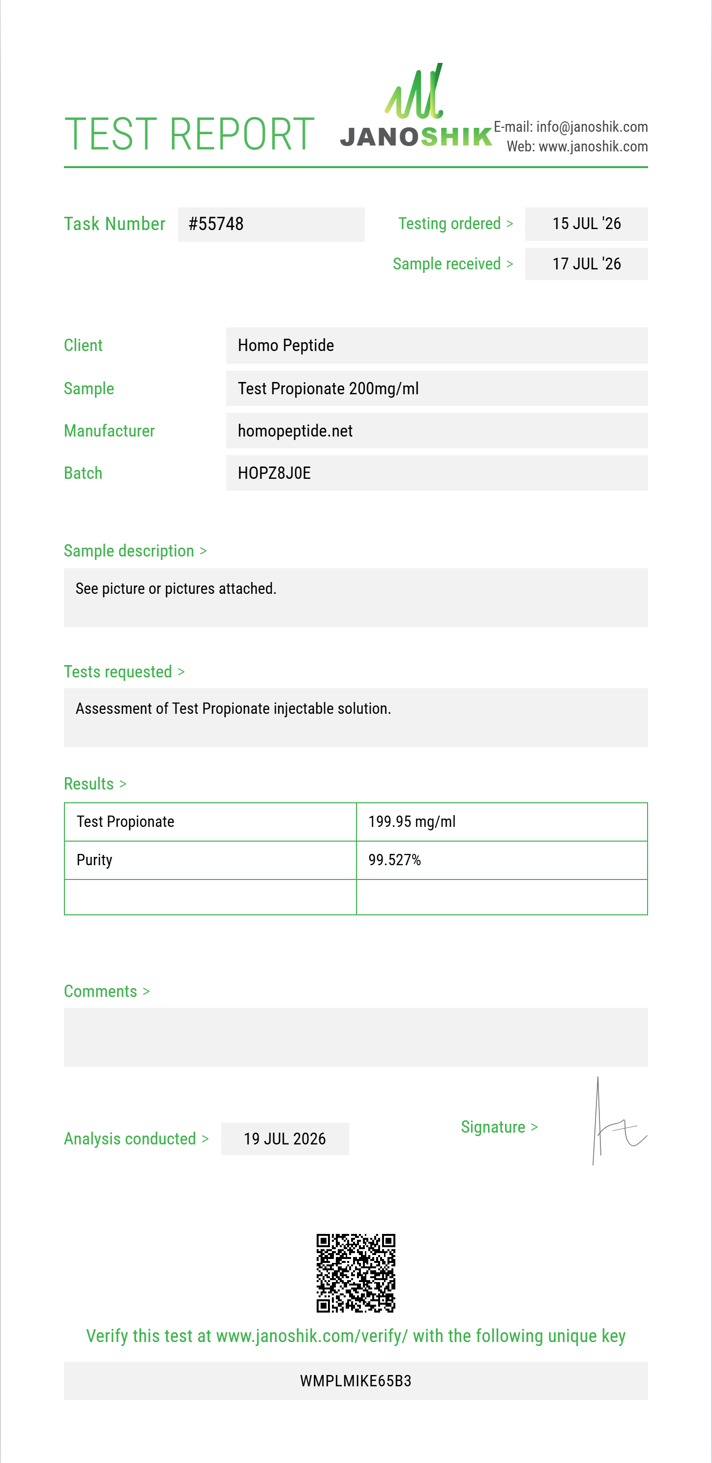 Test Propionate Purity (HPLC) report by Janoshik Analytical