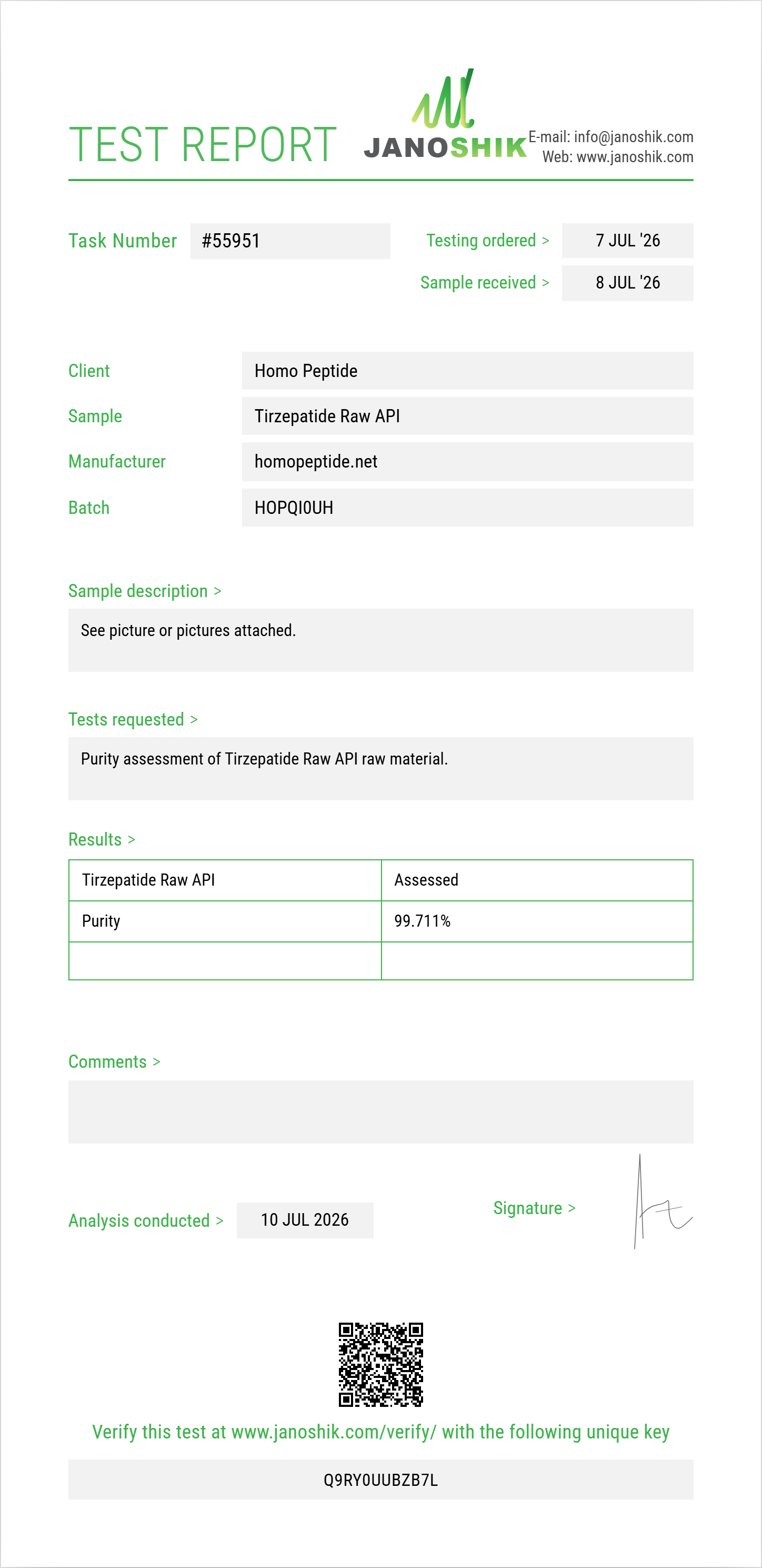 Tirzepatide Raw Purity (HPLC) report by Janoshik Analytical