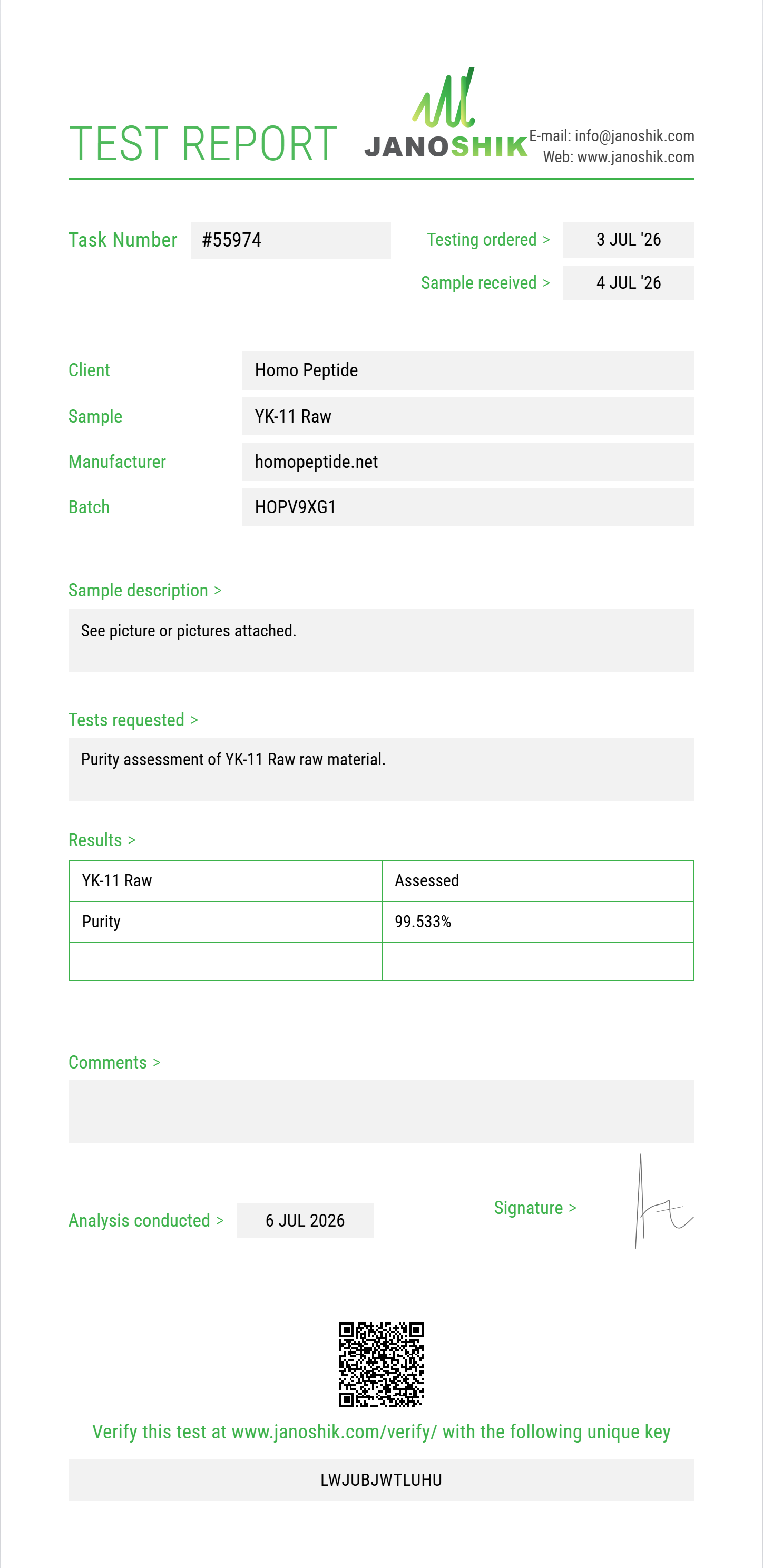 YK-11 Raw Purity (HPLC) report by Janoshik Analytical