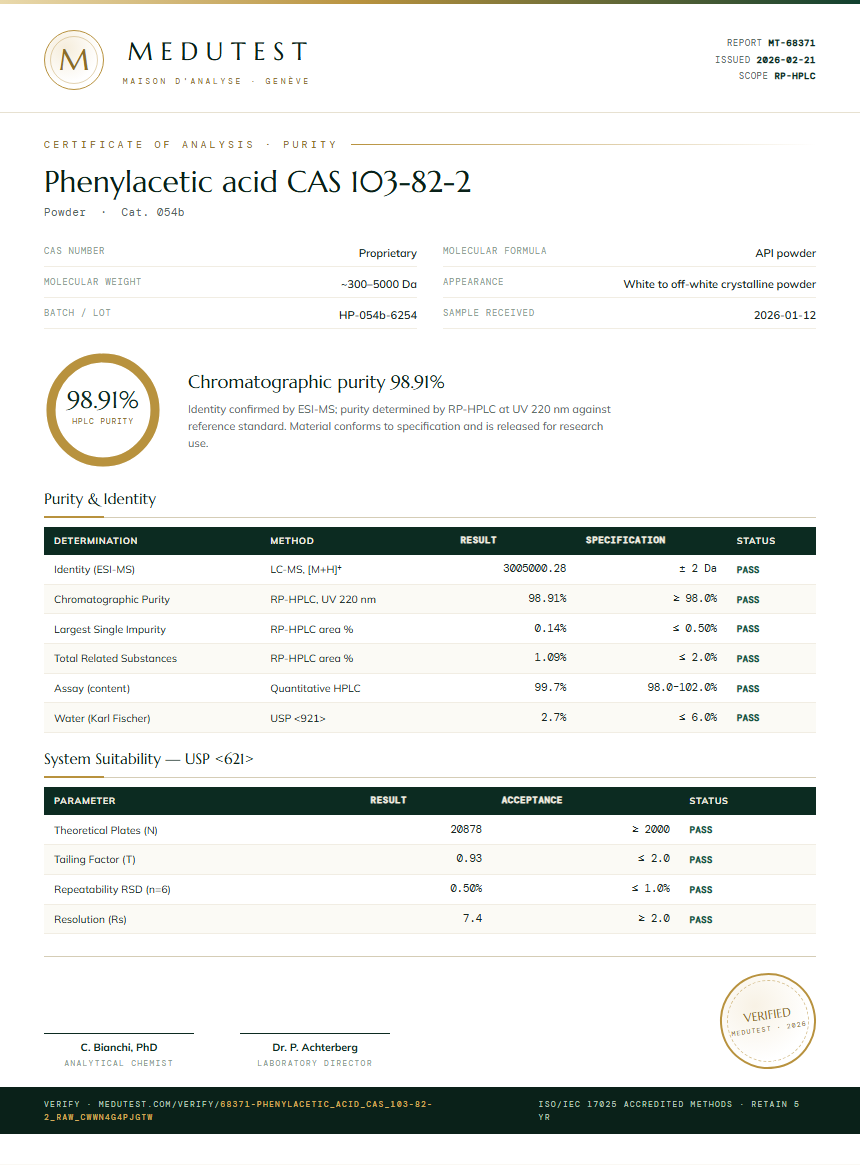 Phenylacetic acid CAS 103-82-2 Purity Test Report by Medutest