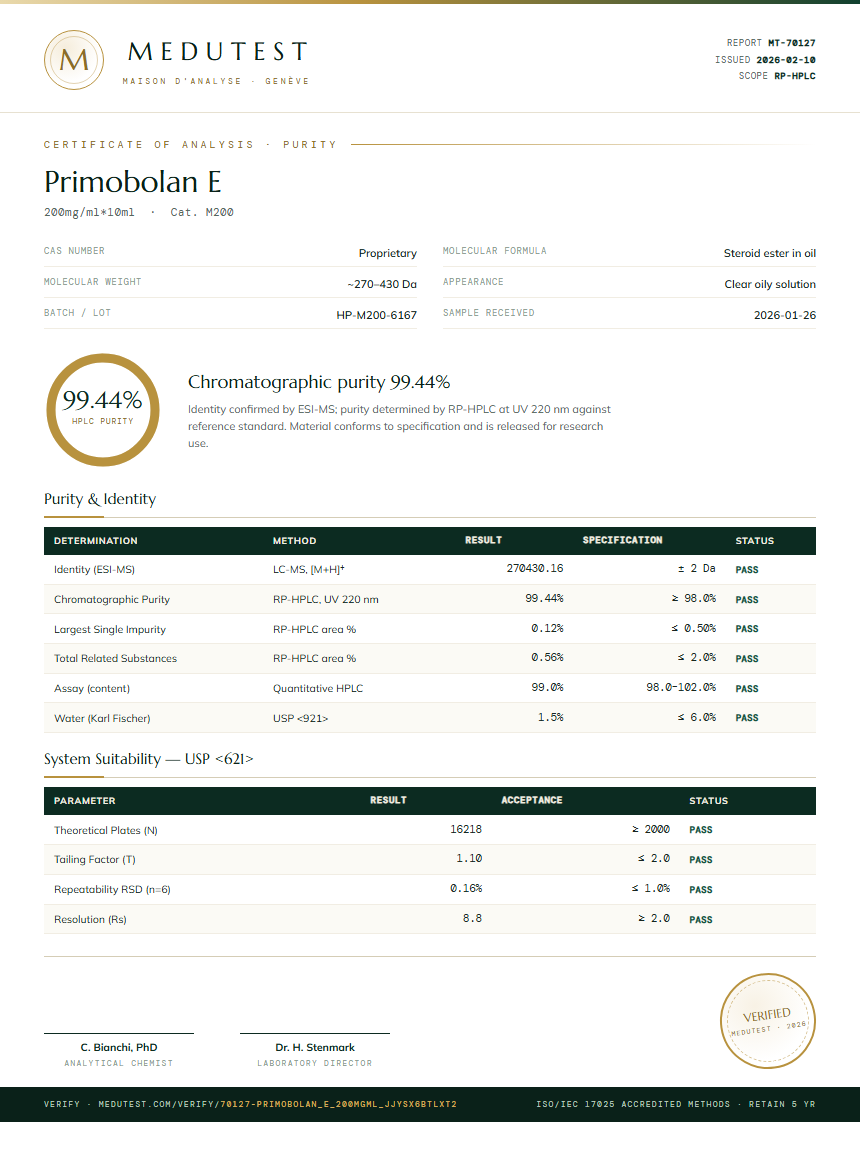 Primobolan E Purity Test Report by Medutest