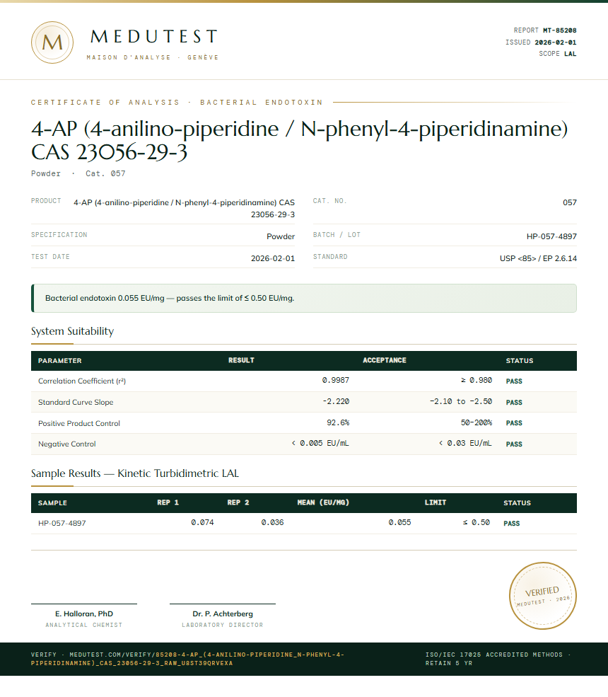 4-AP (4-anilino-piperidine / N-phenyl-4-piperidinamine) CAS 23056-29-3 Endotoxin report by Medutest