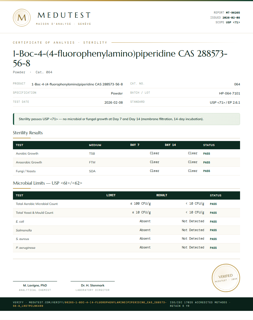 1-Boc-4-(4-fluorophenylamino)piperidine CAS 288573-56-8 Sterility report by Medutest