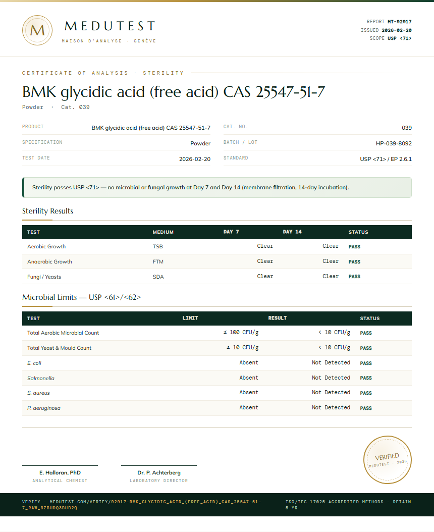 BMK glycidic acid (free acid) CAS 25547-51-7 Sterility report by Medutest