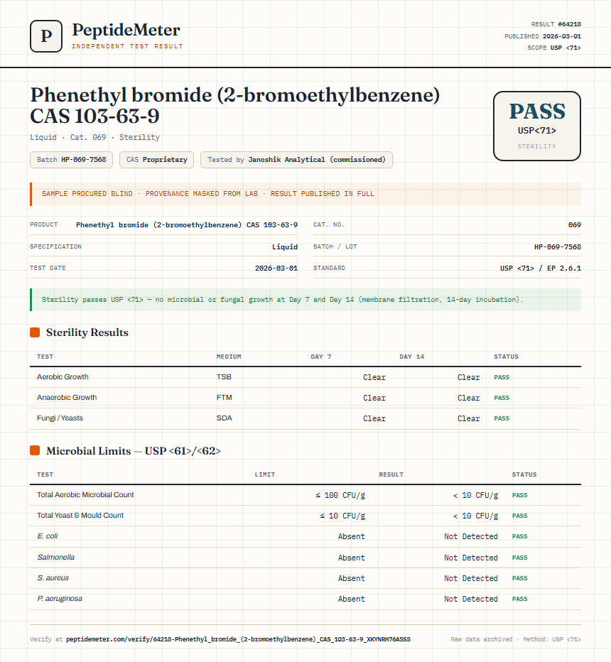 Phenethyl bromide (2-bromoethylbenzene) CAS 103-63-9 Sterility report by PeptideMeter