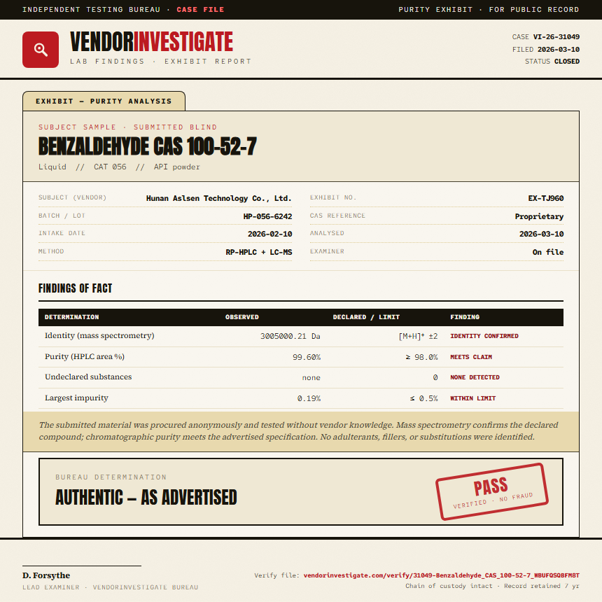 Benzaldehyde CAS 100-52-7 Purity (HPLC) report by VendorInvestigate