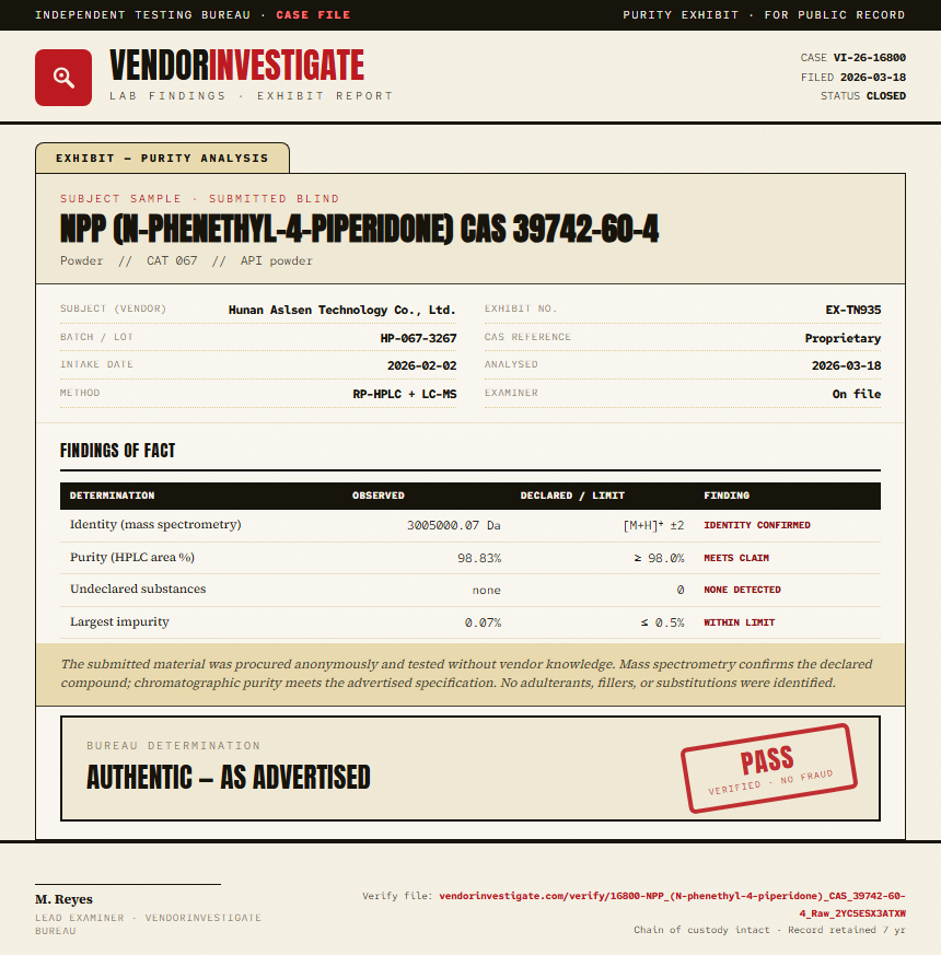 NPP (N-phenethyl-4-piperidone) CAS 39742-60-4 Purity (HPLC) report by VendorInvestigate