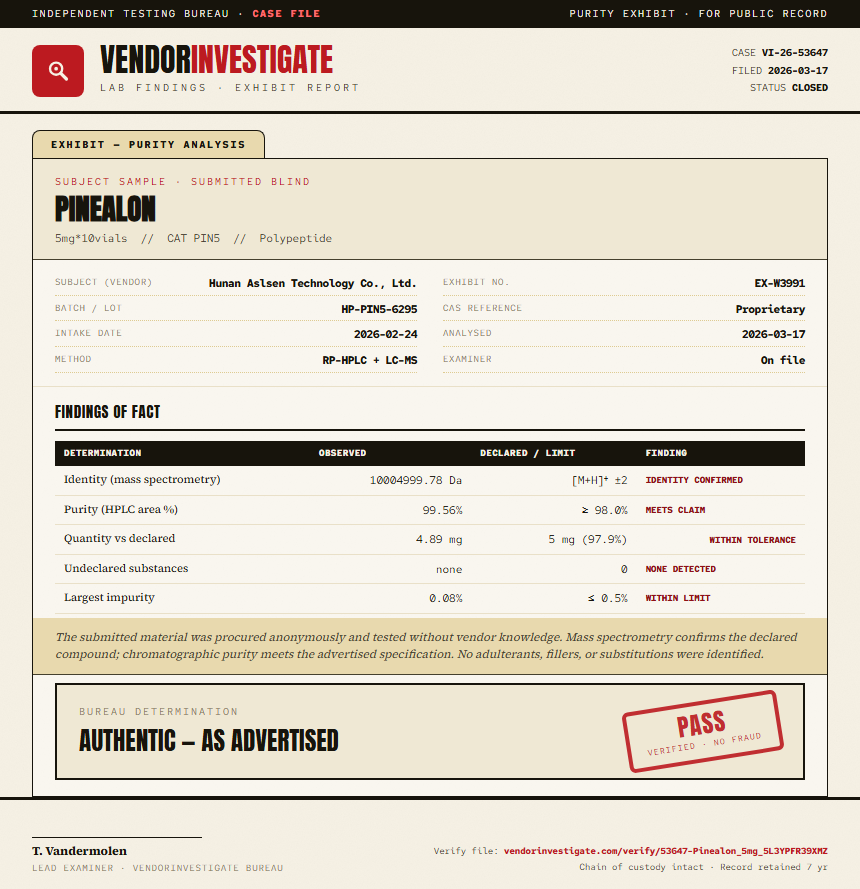 Pinealon Purity (HPLC) report by VendorInvestigate