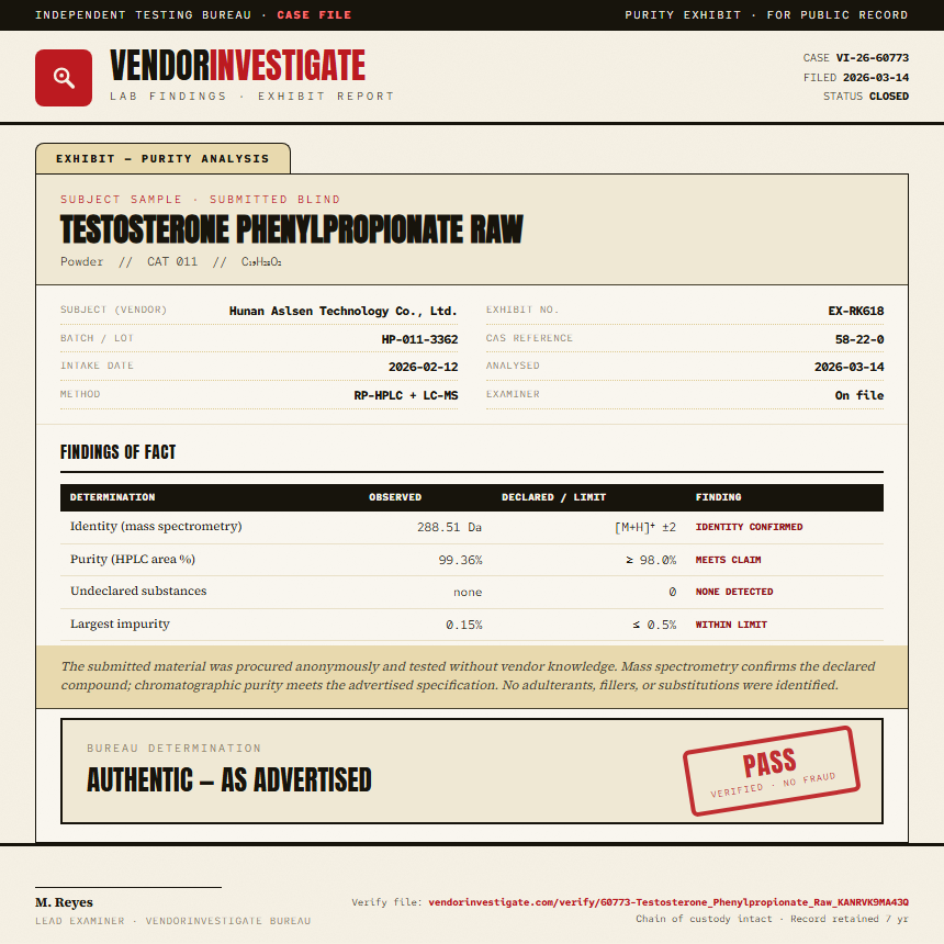 Testosterone Phenylpropionate Raw Purity (HPLC) report by VendorInvestigate