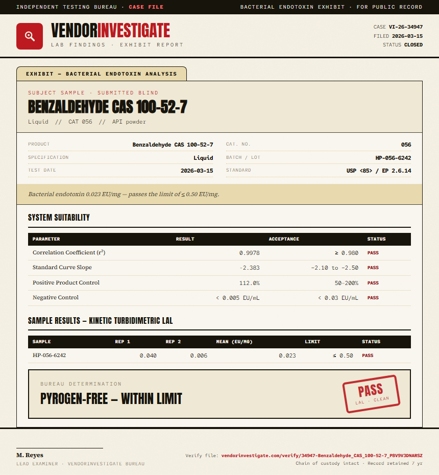 Benzaldehyde CAS 100-52-7 Endotoxin report by VendorInvestigate