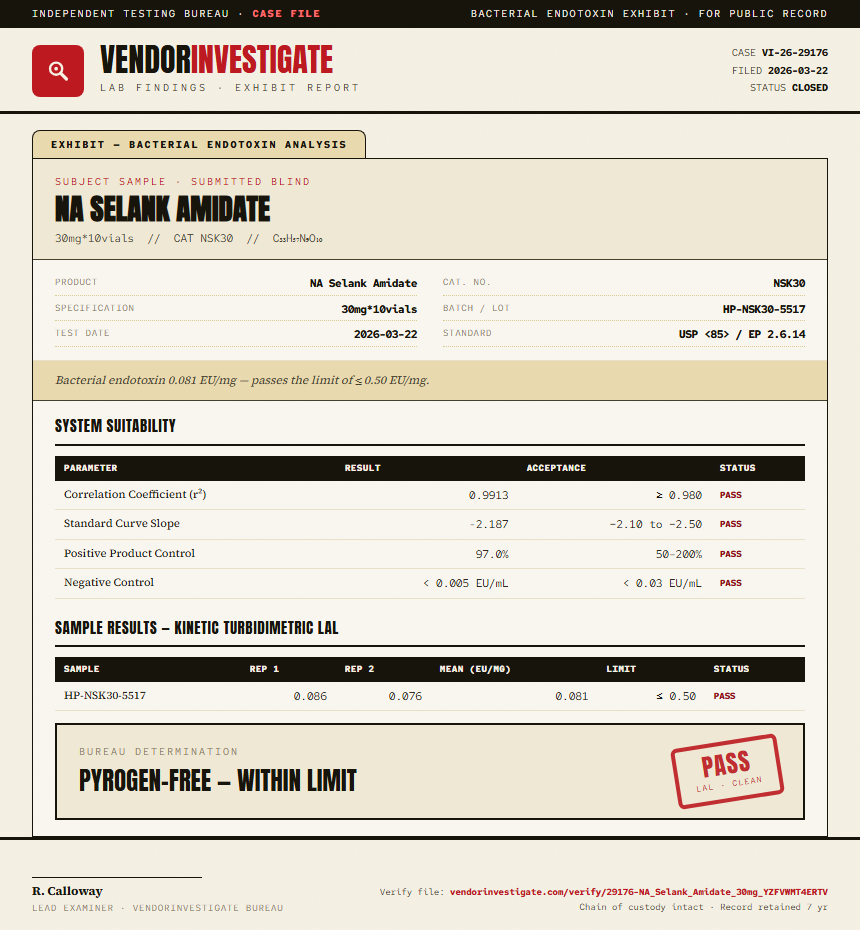 NA Selank Amidate Endotoxin report by VendorInvestigate