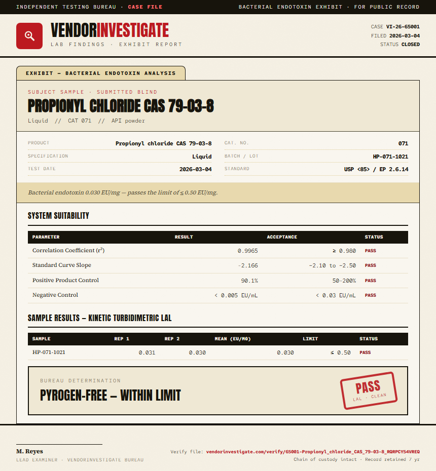 Propionyl chloride CAS 79-03-8 Endotoxin report by VendorInvestigate